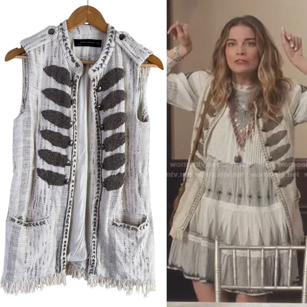 Zara Cream and Gray Embroidered Sleeveless Vest